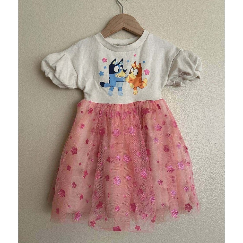 Bluey Toddler Character Dress 2T Cream Pink Glitter Star Tulle Cotton Barbiecore